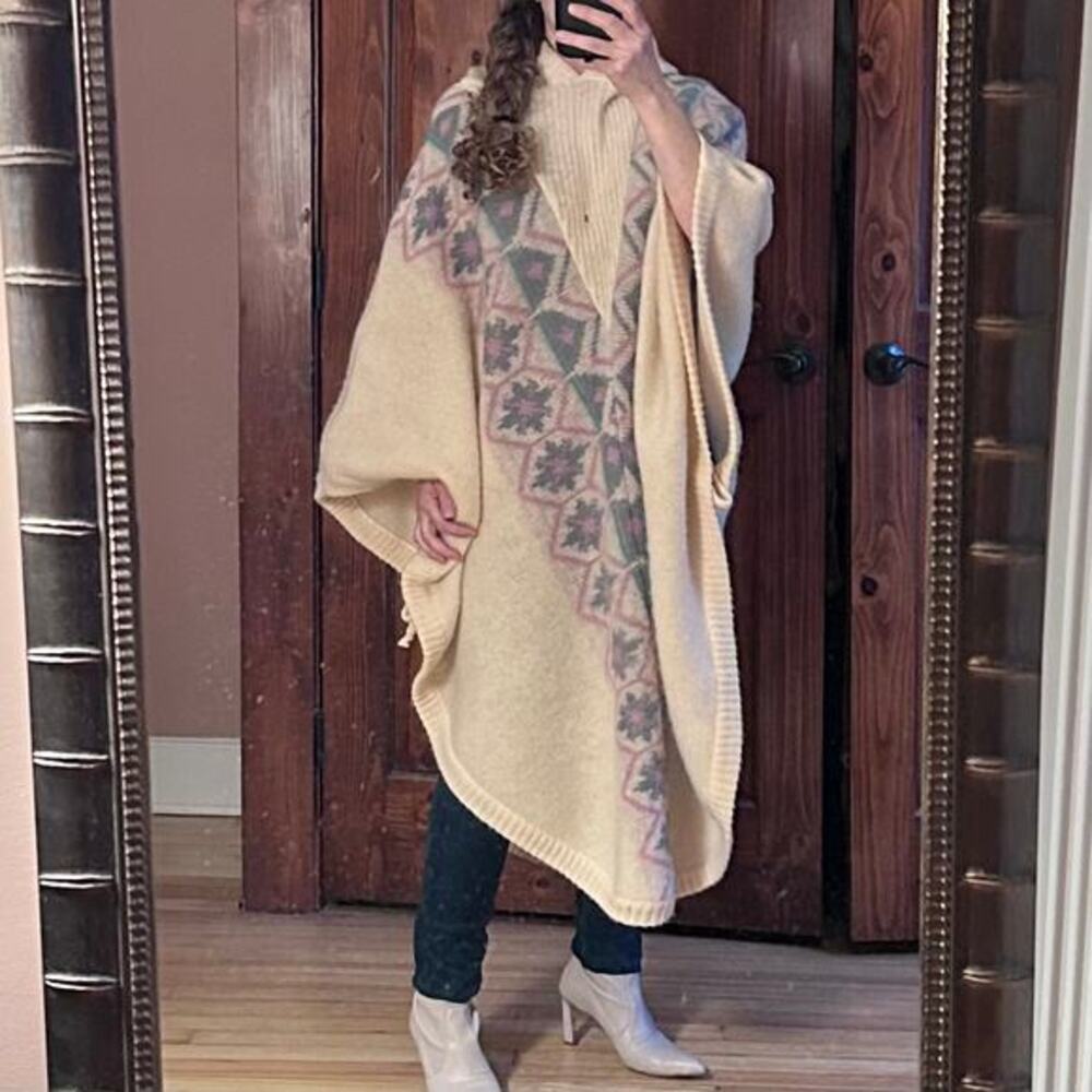 Icewear sweater poncho OS Vintage wool hood Made in Iceland Fair Isle‎ oversized